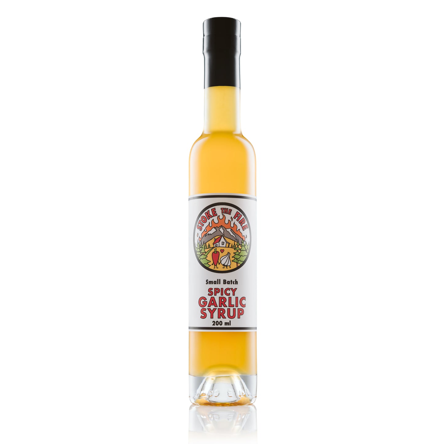 Spicy garlic syrup bottle with Carolina Reaper peppers and garlic cloves on wooden table